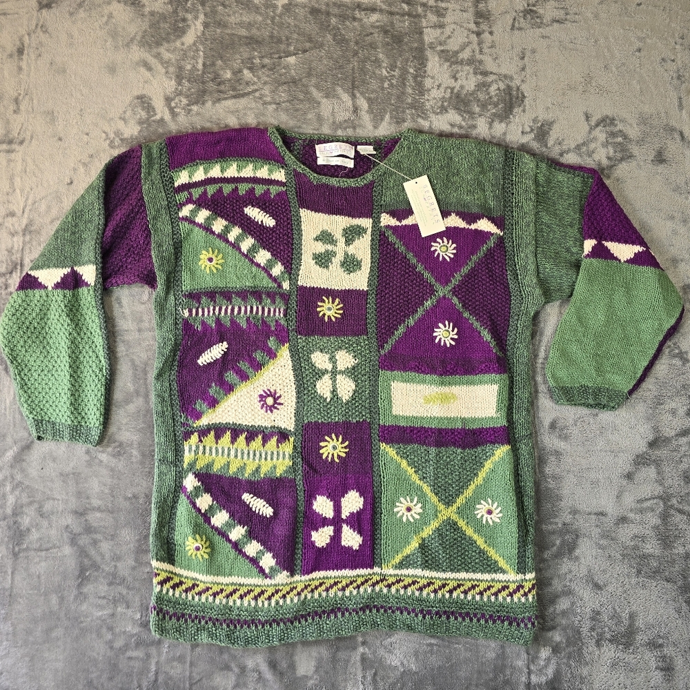 Vintage Hand Knit Sweater Segrets Sun Prints Size Large Granny Square New NWT
